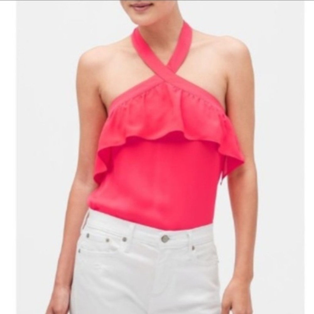 Banana Republic Hot Pink Halter Ruffle Top Cross Neck Tie Back Blouse Medium